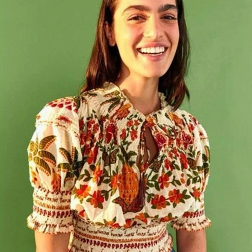 Farm Rio Off-White Floral Crop Blouse